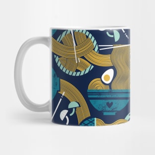 Noodles connection // pattern // midnight blue background teal and aqua bowls yellow pasta Mug